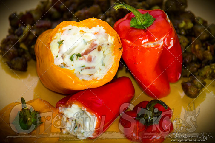 Flan de Queso Stuffed Mini Sweet Peppers filled with cream cheese, spices and bacon.