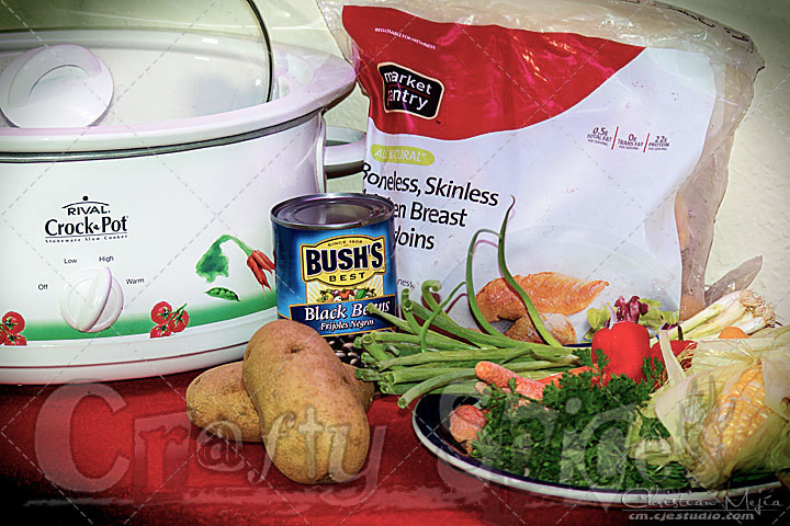 Ingredients - Crockpot Chicken, Veggies and beans Ingredients for this easy Crockpot Chicken, Veggies and beans recipe. Just set the slow cooker and it takes care of the rest